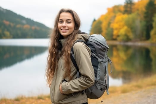 Eco travel and responsible tourism. young attractive woman hiker with backpack near mountain lake. AI Generated