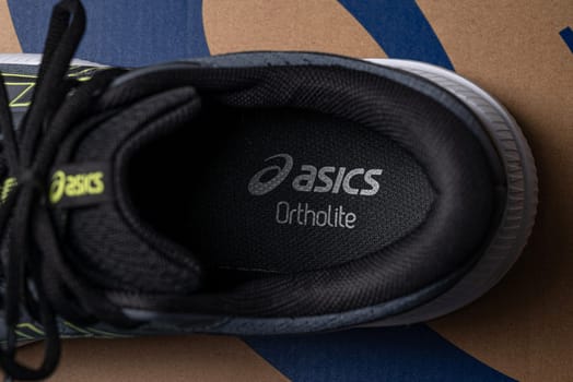 Antalya, Turkey - November 28, 2023: Close-up of the logo on Asics running shoes