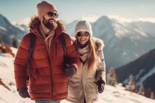 Eco travel and responsible tourism. Couple hiking in mountains in winter. AI Generated