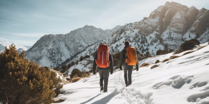 Eco travel and responsible tourism. Couple hiking in mountains in winter, rear view. AI Generated