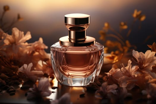 Floral perfume bottle, modern luxury lady perfume on dark background. AI generated.