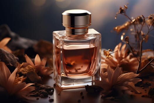 Floral perfume bottle, modern luxury lady perfume on dark background. AI generated.