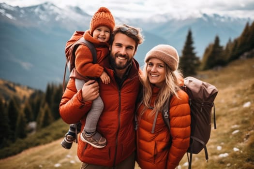 Eco travel and responsible tourism. Happy family with father, mother and baby walks in mountains together. AI Generated