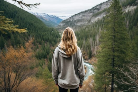 Eco travel and responsible tourism. gen z woman travels through the mountains of wild nature. AI Generated