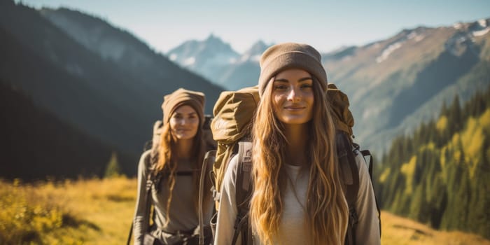 Eco travel and responsible tourism. gen z women travels through the mountains of wild nature. AI Generated