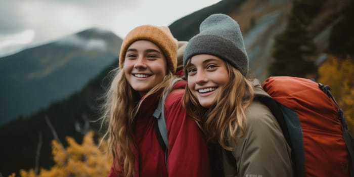 Eco travel and responsible tourism. gen z women travels through the mountains of wild nature. AI Generated