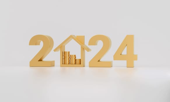 Golden number 2024 and house icon with Stack of Coins isolated on white background. 3D rendering.