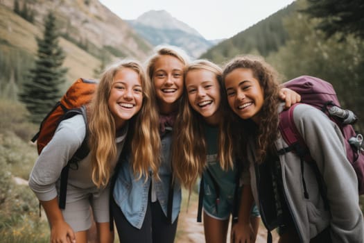 Eco travel and responsible tourism. gen z women travels through the mountains of wild nature. AI Generated