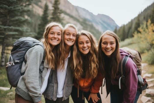 Eco travel and responsible tourism. gen z women travels through the mountains of wild nature. AI Generated