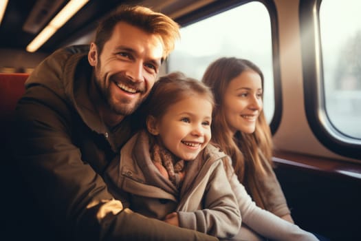 Eco travel and responsible tourism. happy family of parents and child travel by train. AI Generated