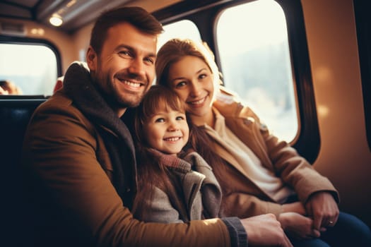 Eco travel and responsible tourism. happy family of parents and child travel by train. AI Generated