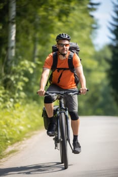 Eco travel and responsible tourism. Male cyclist on touring bicycle cycling. AI Generated