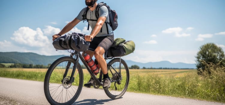 Eco travel and responsible tourism. Male cyclist on touring bicycle cycling. AI Generated