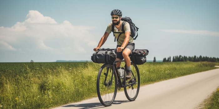 Eco travel and responsible tourism. Male cyclist on touring bicycle cycling. AI Generated