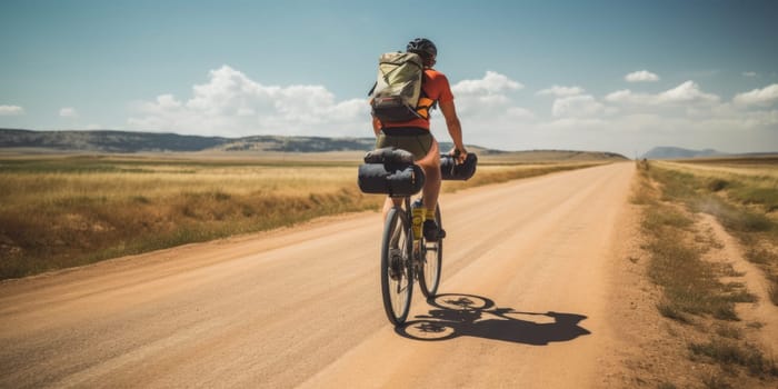 Eco travel and responsible tourism. Male cyclist on touring bicycle cycling. AI Generated