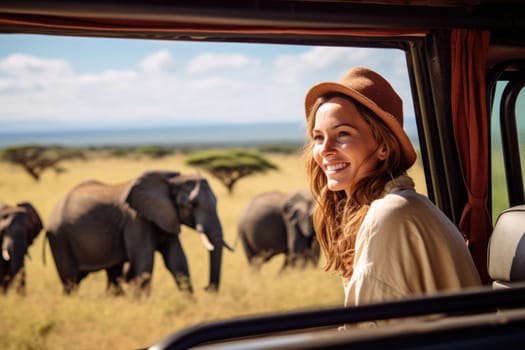 Eco travel and responsible tourism. Woman tourist on a safari in Africa, traveling by car with an open roof. AI Generated