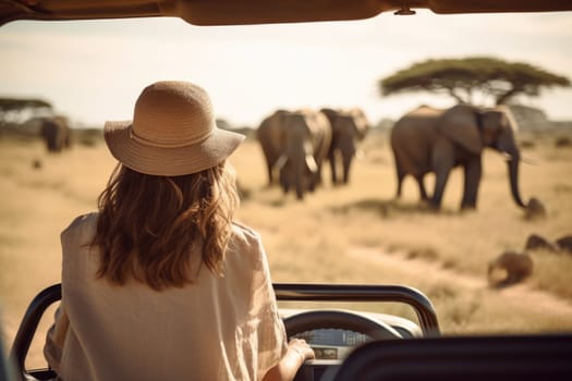 Eco travel and responsible tourism. Woman tourist on a safari in Africa, traveling by car with an open roof. AI Generated