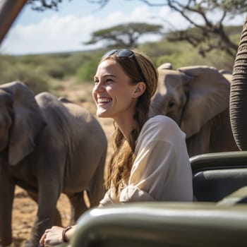 Eco travel and responsible tourism. Woman tourist on a safari in Africa, traveling by car with an open roof. AI Generated