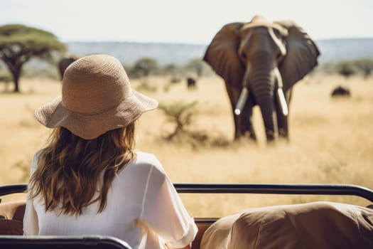 Eco travel and responsible tourism. Woman tourist on a safari in Africa, traveling by car with an open roof. AI Generated