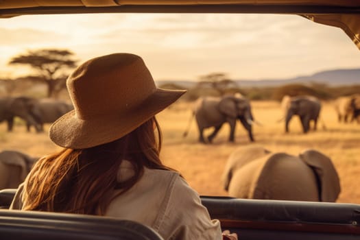 Eco travel and responsible tourism. Woman tourist on a safari in Africa, traveling by car with an open roof. AI Generated
