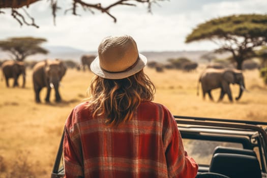 Eco travel and responsible tourism. Woman tourist on a safari in Africa, traveling by car with an open roof. AI Generated