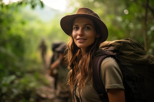 Eco travel and responsible tourism. Woman on safary in the jungle. AI Generated
