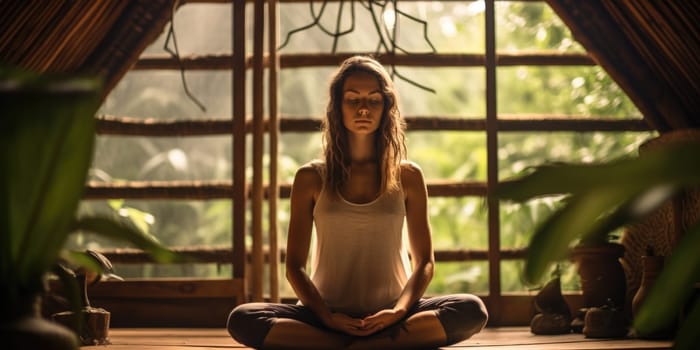 Eco travel and responsible tourism.Young woman practicing yoga in bamboo house. AI Generated