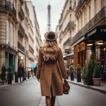 Woman walking on street in paris, eifel tower on background. AI Generated