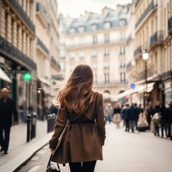 Woman walking on street in paris, rear view. AI Generated
