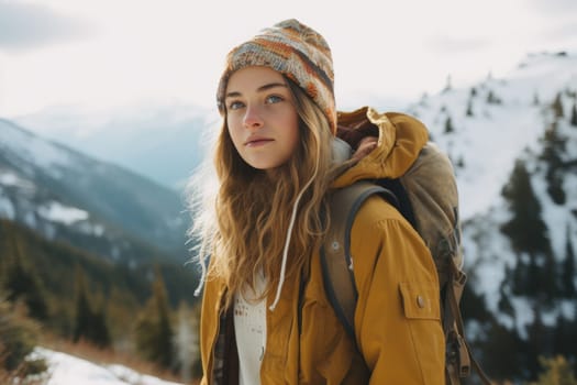 Eco travel and responsible tourism. gen z woman travels through the mountains of wild nature. AI Generated