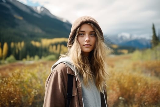 Eco travel and responsible tourism. gen z woman travels through the mountains of wild nature. AI Generated