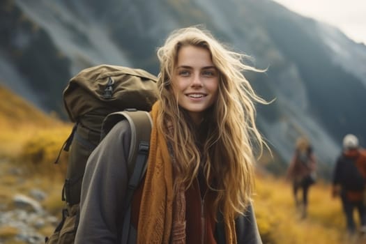 Eco travel and responsible tourism. gen z woman travels through the mountains of wild nature. AI Generated