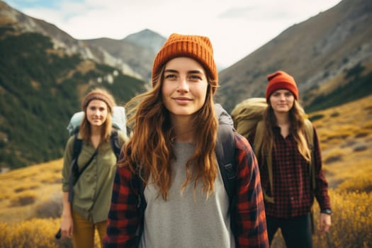 Eco travel and responsible tourism. gen z women travels through the mountains of wild nature. AI Generated