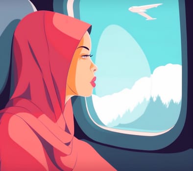 woman holiday plane transportation passenger fly tourist sitting chair cartoon vacation person comfort seat flight happy journey window trip muslim character. Generative AI.