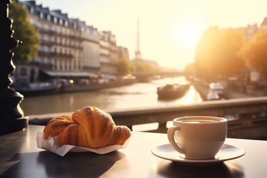 landmark cup dessert table hot retro tower bar drink eating croissant white plate french europa bakery food breakfast france paris. Generative AI.