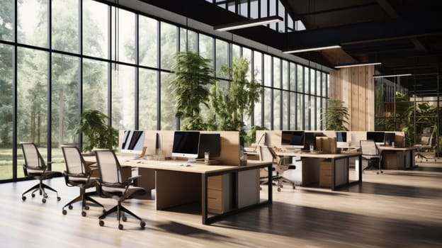 An open concept office area photo realistic illustration - Generative AI. Tables, chairs, monitor, window.