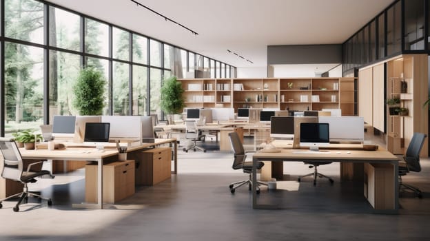 An open concept office area photo realistic illustration - Generative AI. Tables, chairs, monitor, window.