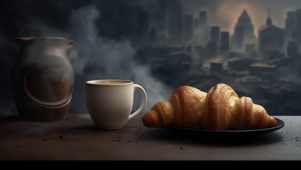 cafe croissant bread bar eatery french travel eating france cityscape drink plate food cup breakfast european background table paris delicious. Generative AI.