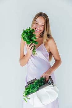 Female holding bag with vegetables for eating