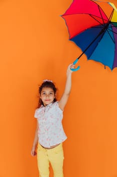 girl under colorful umbrella from the rain