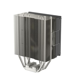Computer processor air cooler with five heat pipes on white background