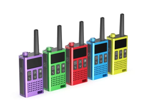 Row with five walkie-talkies with different colors on white background