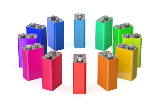 Many 9V batteries with different colors on white background