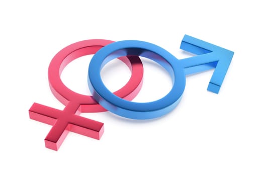 Metal red female and blue male gender symbols on white background