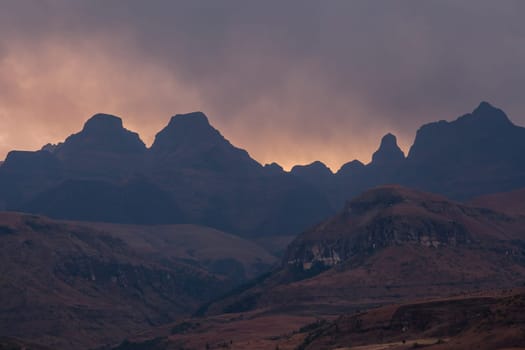 Sunset at Cathedral Peak in the Drakensberg Mountains. KwaZulu-Natal Province, South Africa