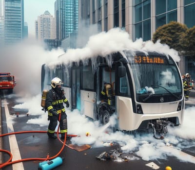 electric hybrid city bus burn bottom chasis, firefighter apply foam to extinguish flames big smoke ai generated