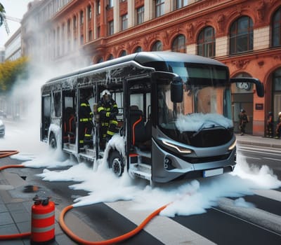 electric hybrid city bus burn bottom chasis, firefighter apply foam to extinguish flames big smoke ai generated