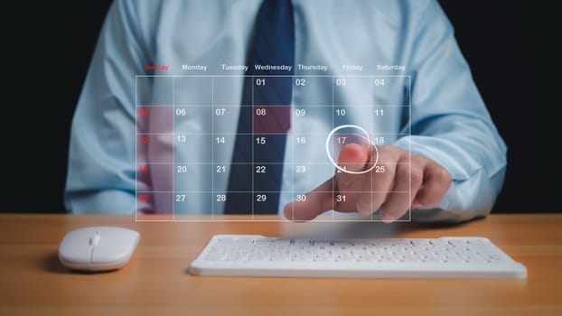 Businessman marking dates on virtual calendar, managing his business schedule, setting reminders for important appointments, creative collage for planning ideas, appointment scheduler