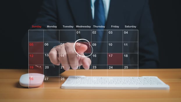 Businessman marking dates on virtual calendar, managing his business schedule, setting reminders for important appointments, creative collage for planning ideas, appointment scheduler