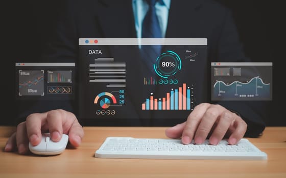 Business people use computers to analyze business and manage corporate data, business analytics with charts, metrics and KPIs to improve organizational performance, marketing, financial organization strategy.